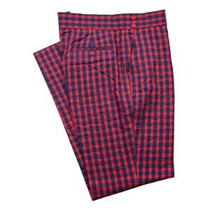 Mens Gurkha Pants 38 Blue Red Plaid Seersucker Trousers Straight Fit Flat Front